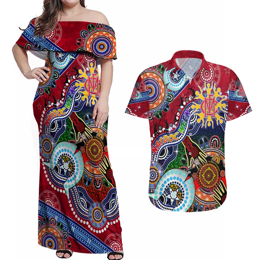Custom NAIDOC Week 2024 Melbourne Demons Couples Matching Off Shoulder Maxi Dress and Hawaiian Shirt Australia Aboriginal Dot Painting