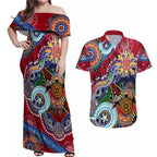 Custom NAIDOC Week 2024 Melbourne Demons Couples Matching Off Shoulder Maxi Dress and Hawaiian Shirt Australia Aboriginal Dot Painting