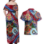 Custom NAIDOC Week 2024 Melbourne Demons Couples Matching Off Shoulder Maxi Dress and Hawaiian Shirt Australia Aboriginal Dot Painting