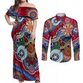 Custom NAIDOC Week 2024 Melbourne Demons Couples Matching Off Shoulder Maxi Dress and Long Sleeve Button Shirt Australia Aboriginal Dot Painting
