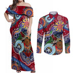 Custom NAIDOC Week 2024 Melbourne Demons Couples Matching Off Shoulder Maxi Dress and Long Sleeve Button Shirt Australia Aboriginal Dot Painting