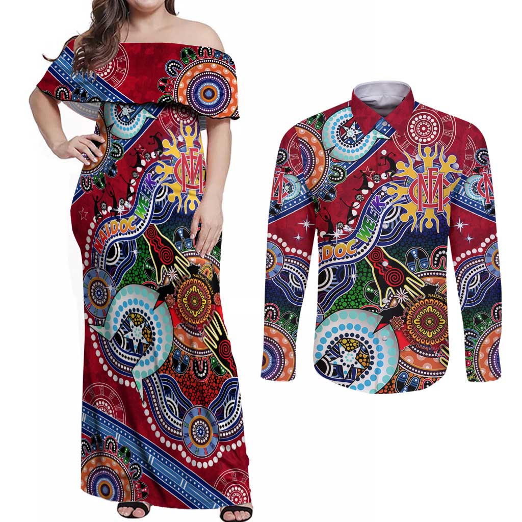 Custom NAIDOC Week 2024 Melbourne Demons Couples Matching Off Shoulder Maxi Dress and Long Sleeve Button Shirt Australia Aboriginal Dot Painting
