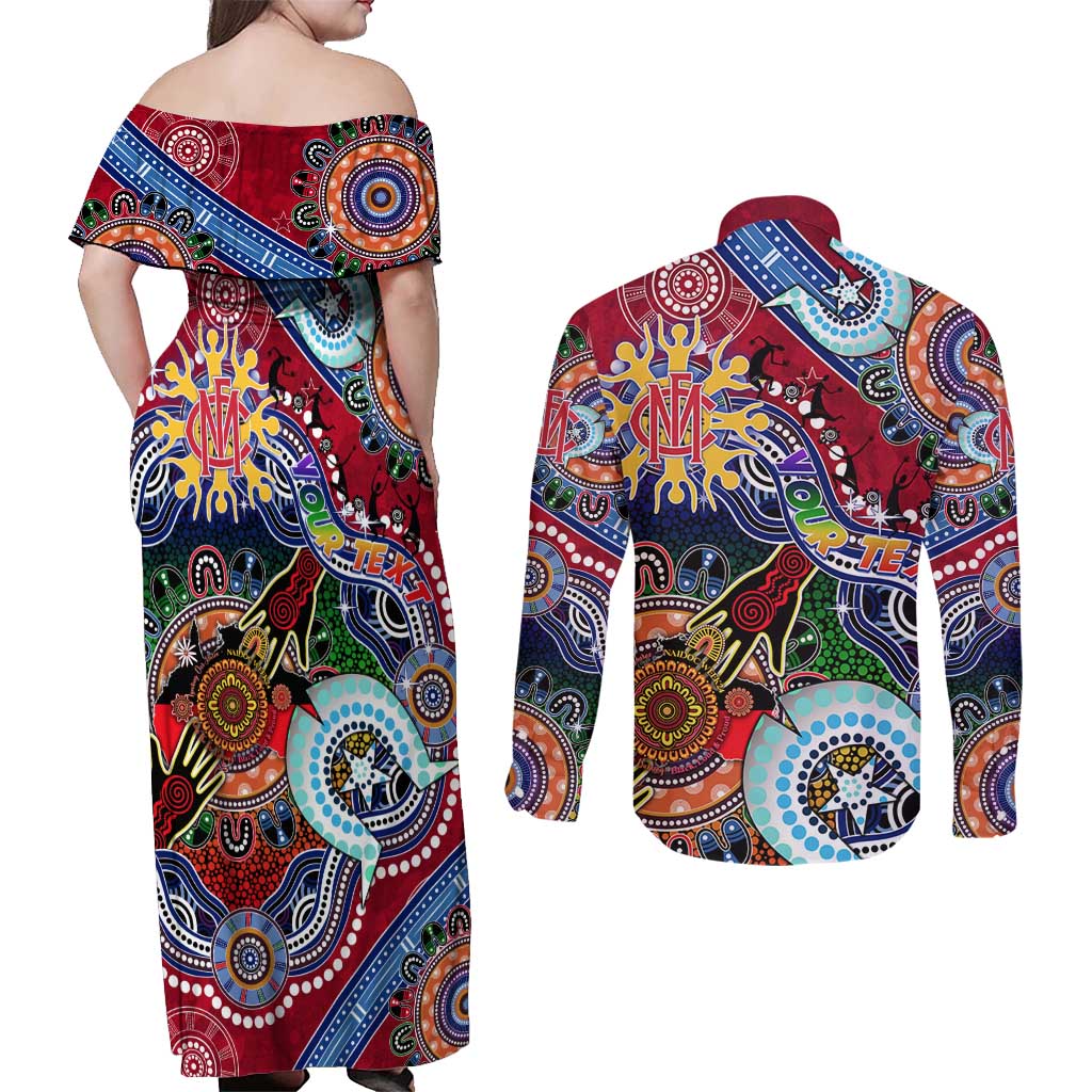 Custom NAIDOC Week 2024 Melbourne Demons Couples Matching Off Shoulder Maxi Dress and Long Sleeve Button Shirt Australia Aboriginal Dot Painting