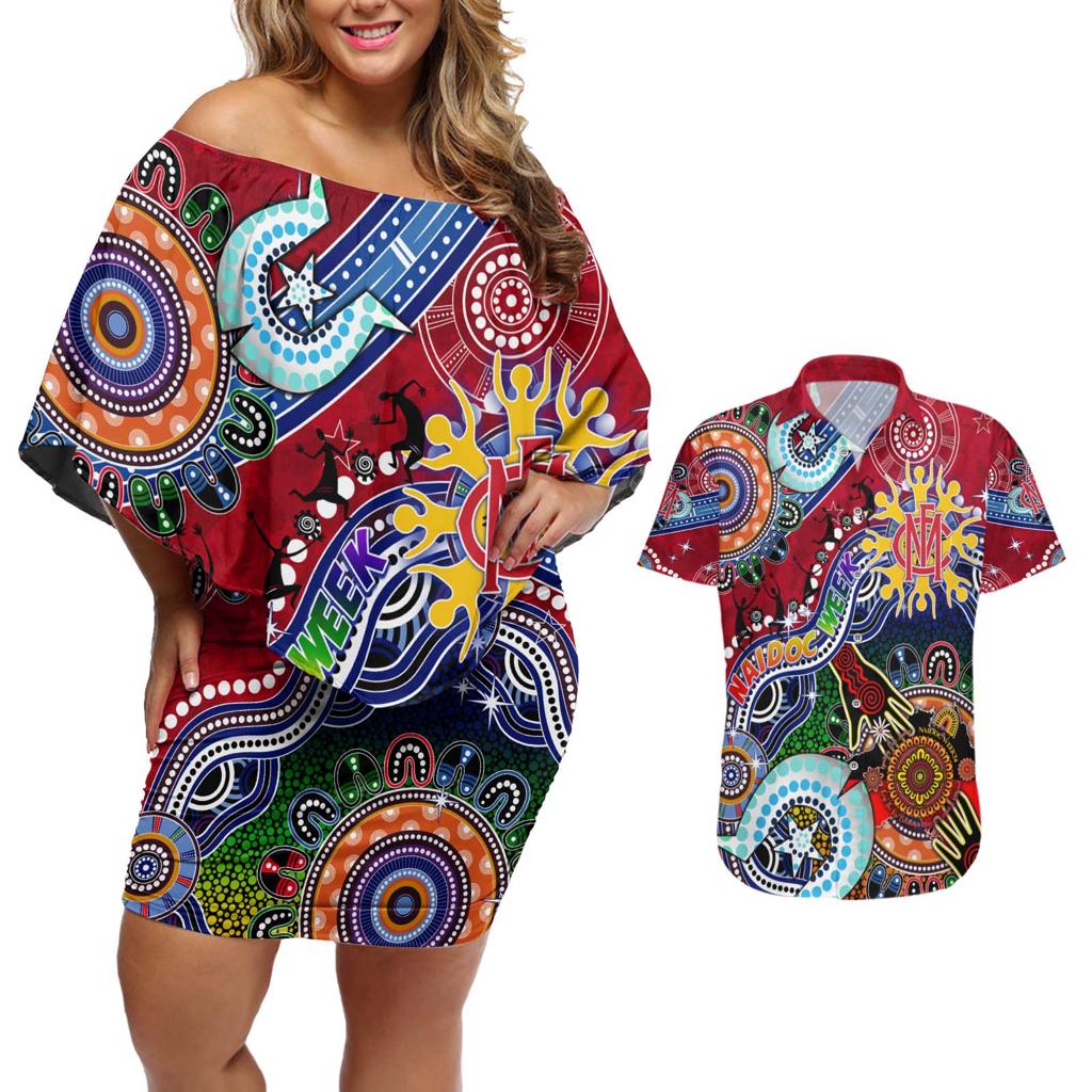 Custom NAIDOC Week 2024 Melbourne Demons Couples Matching Off Shoulder Short Dress and Hawaiian Shirt Australia Aboriginal Dot Painting
