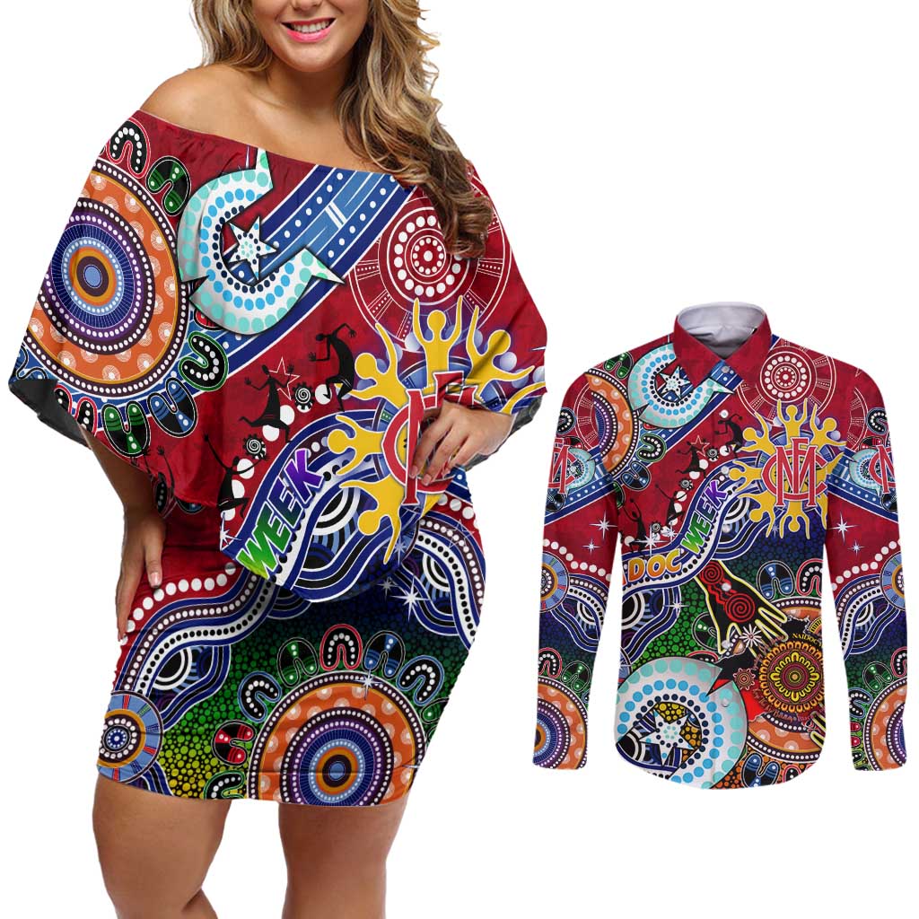 Custom NAIDOC Week 2024 Melbourne Demons Couples Matching Off Shoulder Short Dress and Long Sleeve Button Shirt Australia Aboriginal Dot Painting
