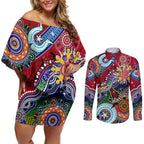 Custom NAIDOC Week 2024 Melbourne Demons Couples Matching Off Shoulder Short Dress and Long Sleeve Button Shirt Australia Aboriginal Dot Painting