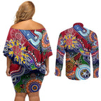 Custom NAIDOC Week 2024 Melbourne Demons Couples Matching Off Shoulder Short Dress and Long Sleeve Button Shirt Australia Aboriginal Dot Painting