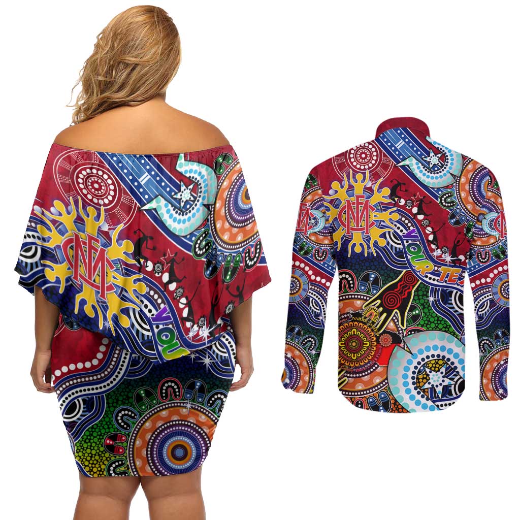 Custom NAIDOC Week 2024 Melbourne Demons Couples Matching Off Shoulder Short Dress and Long Sleeve Button Shirt Australia Aboriginal Dot Painting