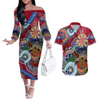 Custom NAIDOC Week 2024 Melbourne Demons Couples Matching Off The Shoulder Long Sleeve Dress and Hawaiian Shirt Australia Aboriginal Dot Painting