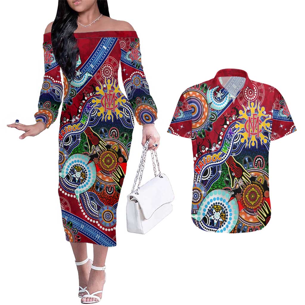 Custom NAIDOC Week 2024 Melbourne Demons Couples Matching Off The Shoulder Long Sleeve Dress and Hawaiian Shirt Australia Aboriginal Dot Painting
