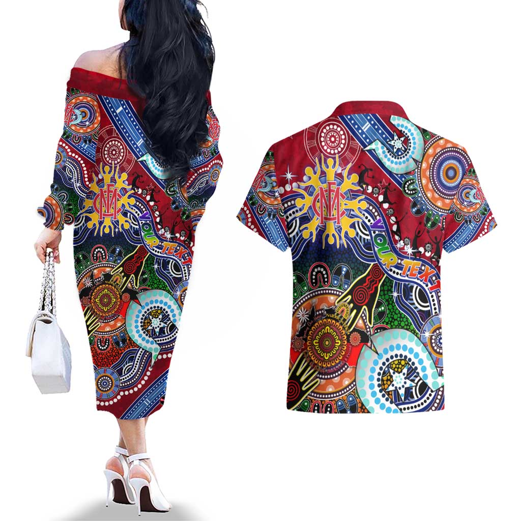 Custom NAIDOC Week 2024 Melbourne Demons Couples Matching Off The Shoulder Long Sleeve Dress and Hawaiian Shirt Australia Aboriginal Dot Painting