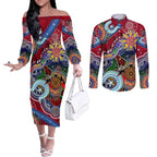 Custom NAIDOC Week 2024 Melbourne Demons Couples Matching Off The Shoulder Long Sleeve Dress and Long Sleeve Button Shirt Australia Aboriginal Dot Painting