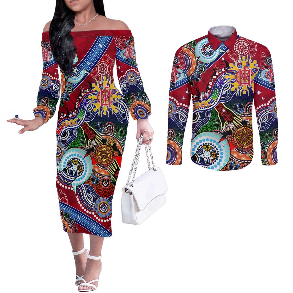 Custom NAIDOC Week 2024 Melbourne Demons Couples Matching Off The Shoulder Long Sleeve Dress and Long Sleeve Button Shirt Australia Aboriginal Dot Painting