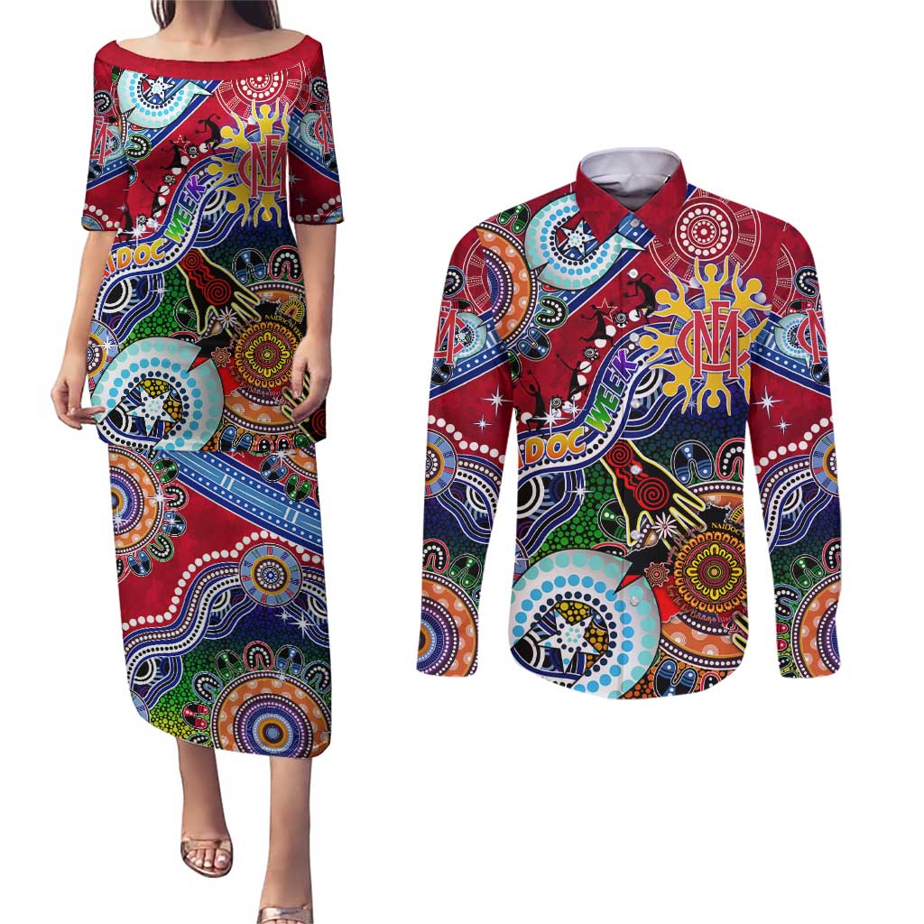 Custom NAIDOC Week 2024 Melbourne Demons Couples Matching Puletasi and Long Sleeve Button Shirt Australia Aboriginal Dot Painting