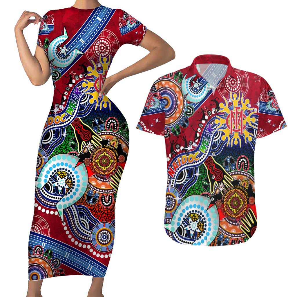 Custom NAIDOC Week 2024 Melbourne Demons Couples Matching Short Sleeve Bodycon Dress and Hawaiian Shirt Australia Aboriginal Dot Painting