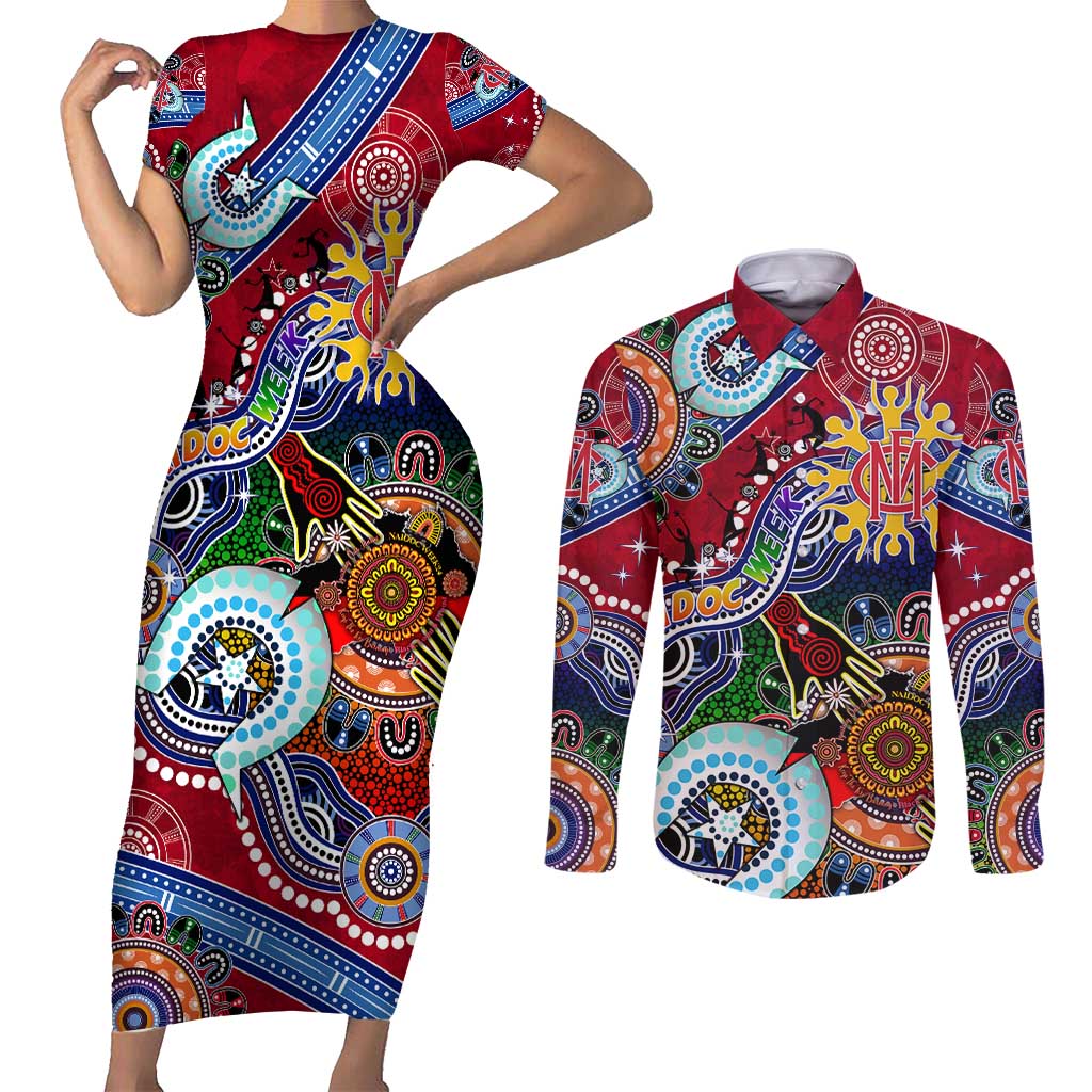 Custom NAIDOC Week 2024 Melbourne Demons Couples Matching Short Sleeve Bodycon Dress and Long Sleeve Button Shirt Australia Aboriginal Dot Painting