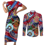 Custom NAIDOC Week 2024 Melbourne Demons Couples Matching Short Sleeve Bodycon Dress and Long Sleeve Button Shirt Australia Aboriginal Dot Painting