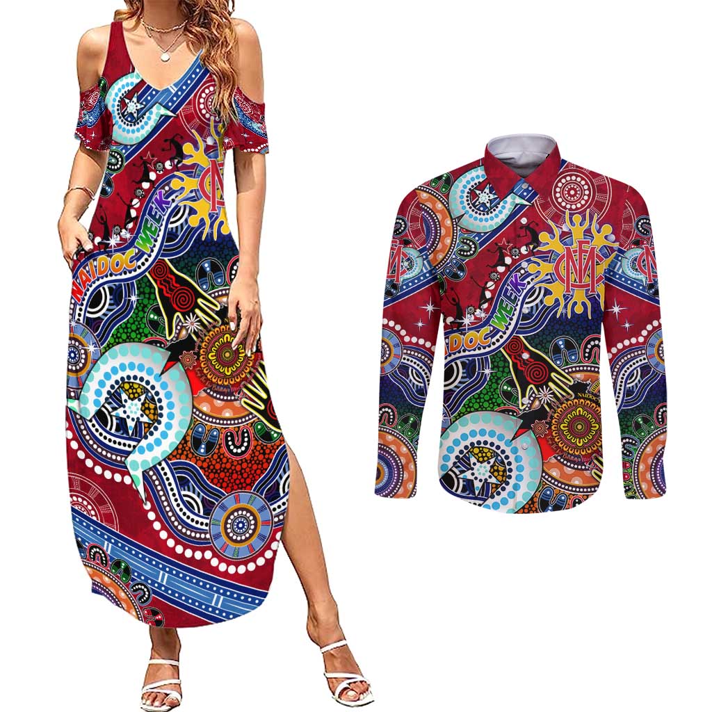Custom NAIDOC Week 2024 Melbourne Demons Couples Matching Summer Maxi Dress and Long Sleeve Button Shirt Australia Aboriginal Dot Painting