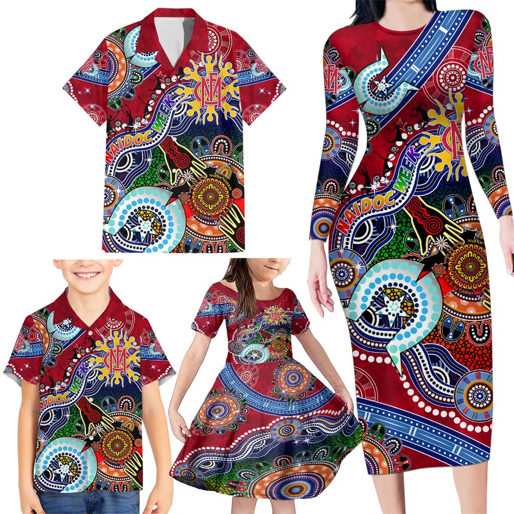 Custom NAIDOC Week 2024 Melbourne Demons Family Matching Long Sleeve Bodycon Dress and Hawaiian Shirt Australia Aboriginal Dot Painting