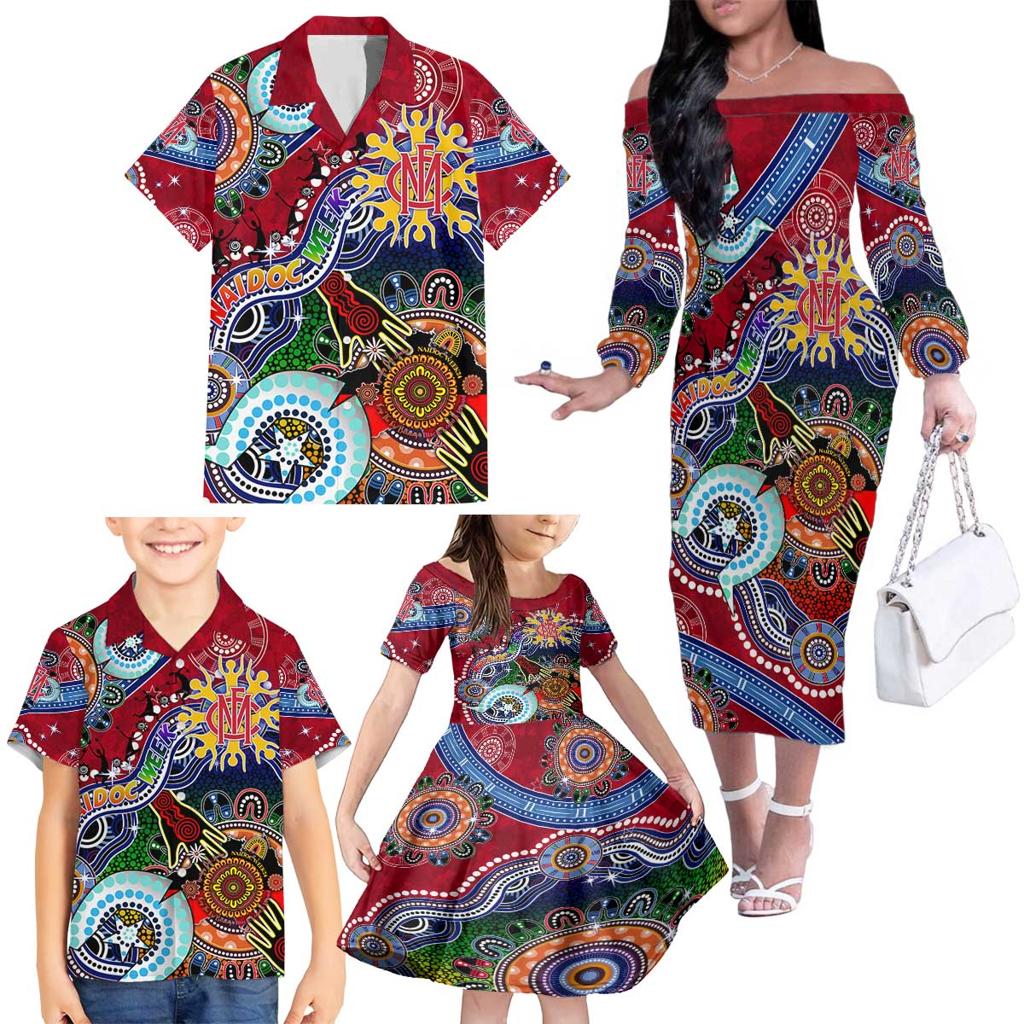 Custom NAIDOC Week 2024 Melbourne Demons Family Matching Off The Shoulder Long Sleeve Dress and Hawaiian Shirt Australia Aboriginal Dot Painting