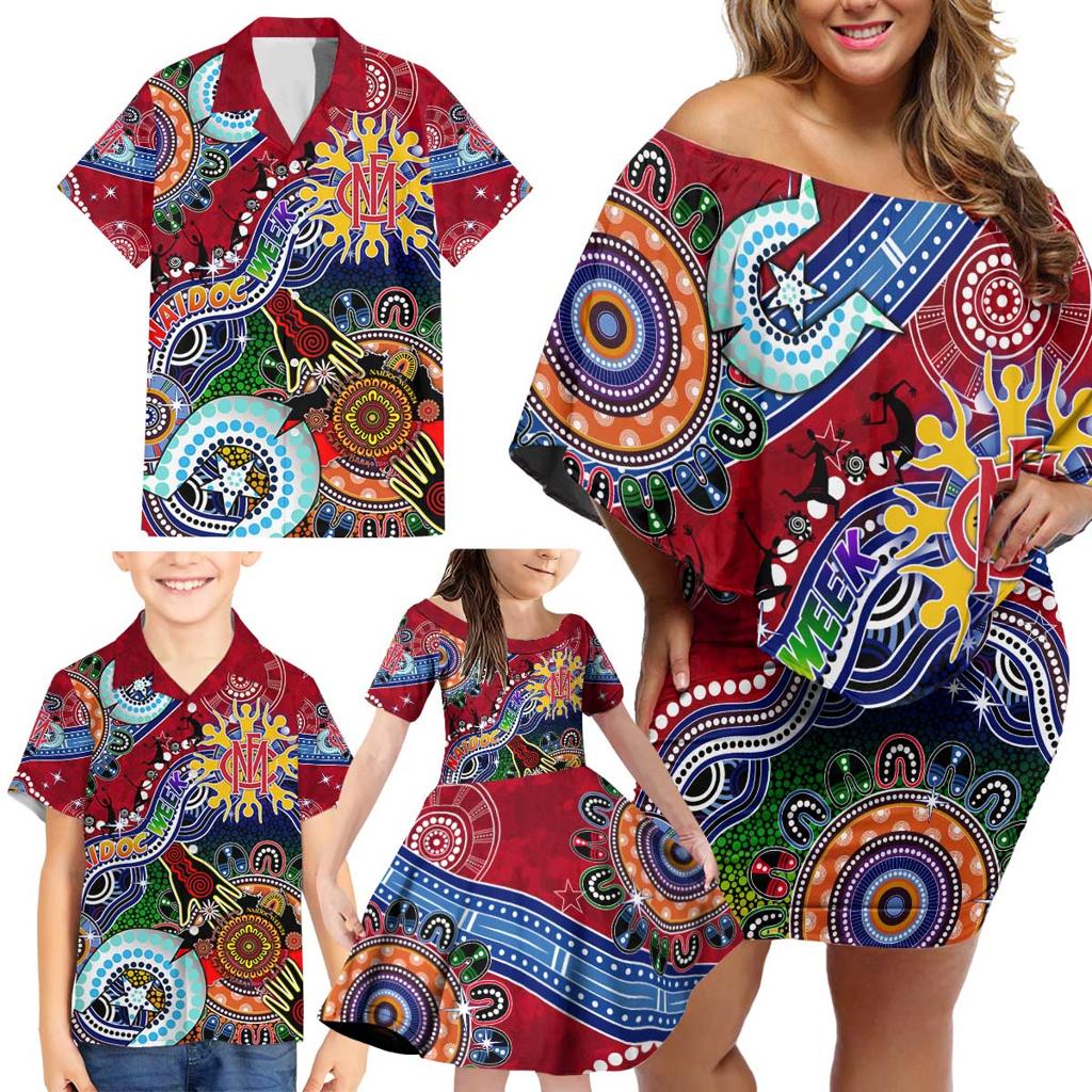 Custom NAIDOC Week 2024 Melbourne Demons Family Matching Off Shoulder Short Dress and Hawaiian Shirt Australia Aboriginal Dot Painting