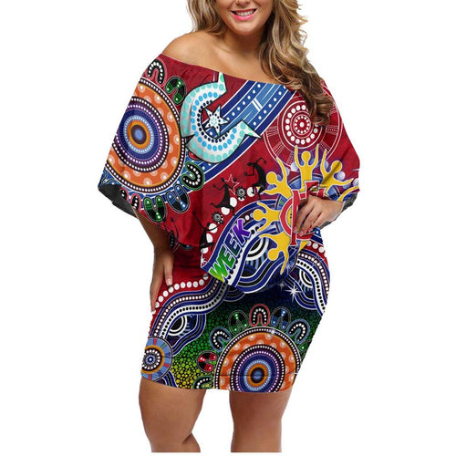 Custom NAIDOC Week 2024 Melbourne Demons Family Matching Off Shoulder Short Dress and Hawaiian Shirt Australia Aboriginal Dot Painting