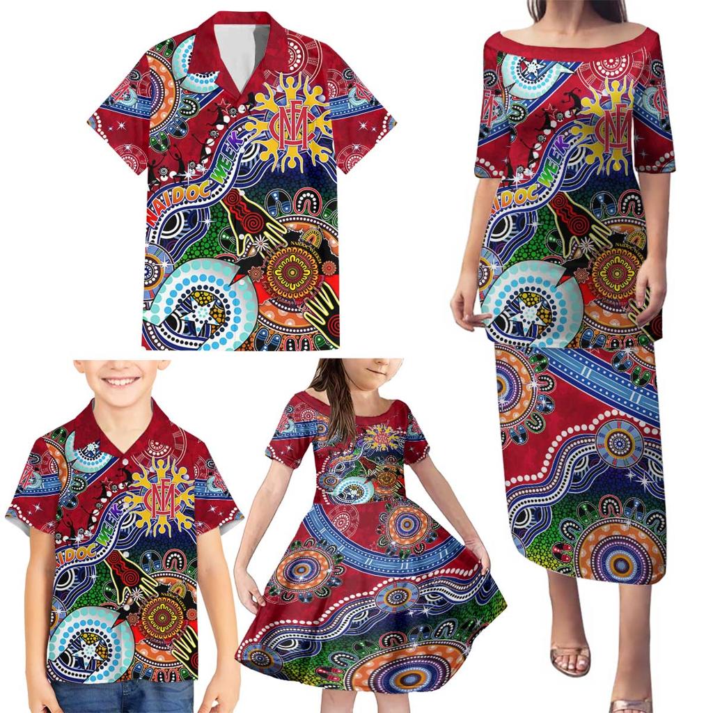 Custom NAIDOC Week 2024 Melbourne Demons Family Matching Puletasi and Hawaiian Shirt Australia Aboriginal Dot Painting