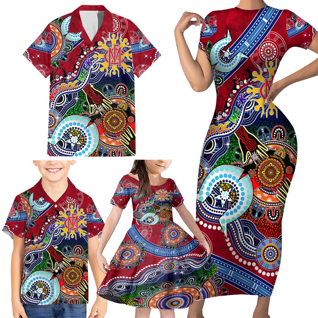 Custom NAIDOC Week 2024 Melbourne Demons Family Matching Short Sleeve Bodycon Dress and Hawaiian Shirt Australia Aboriginal Dot Painting