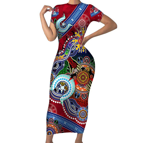 Custom NAIDOC Week 2024 Melbourne Demons Short Sleeve Bodycon Dress Australia Aboriginal Dot Painting