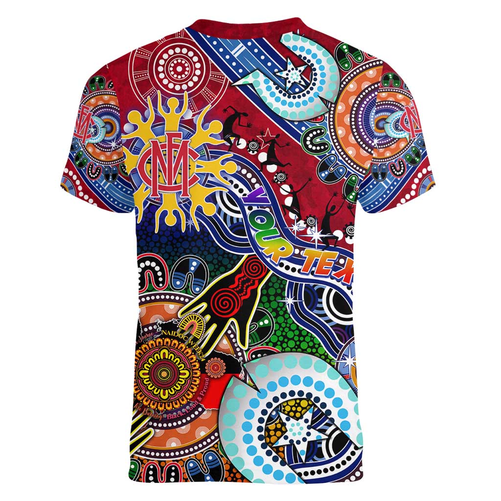 Custom NAIDOC Week 2024 Melbourne Demons Women V-Neck T-Shirt Australia Aboriginal Dot Painting