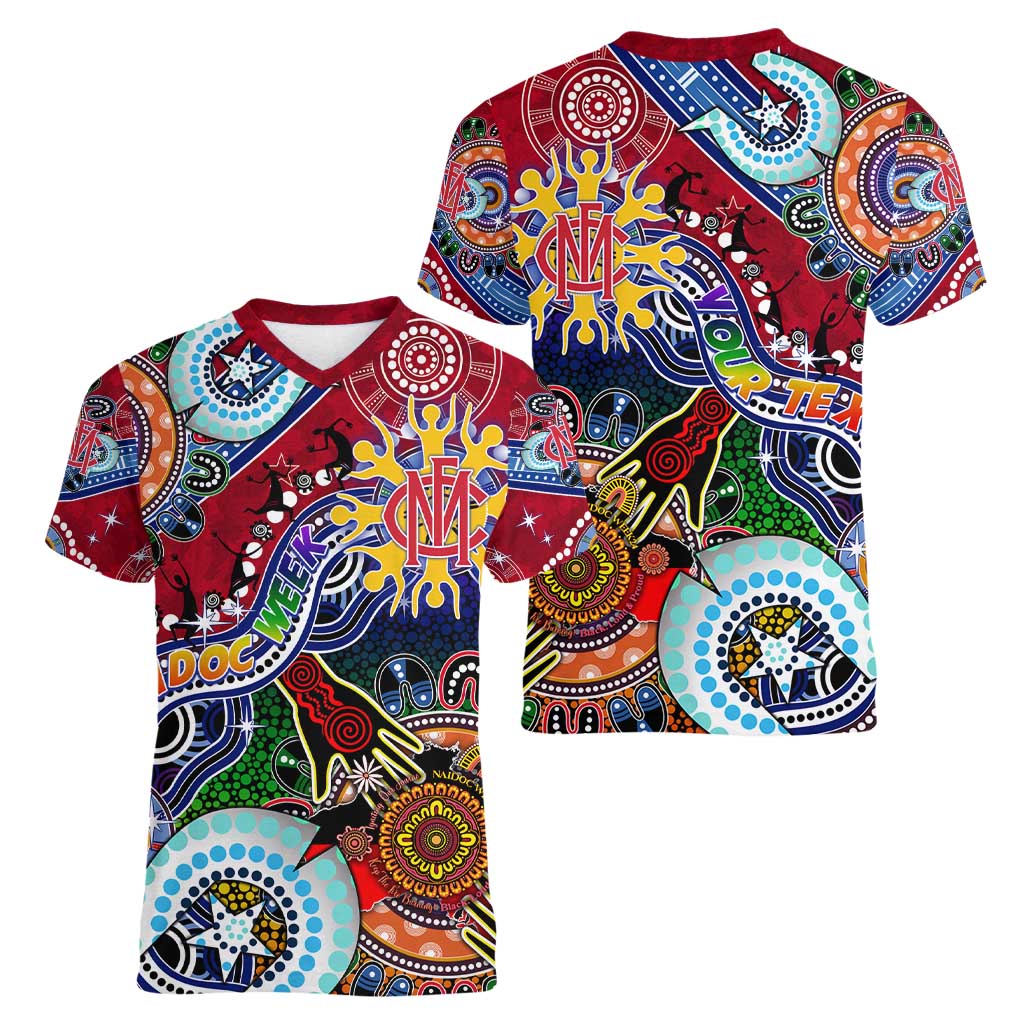Custom NAIDOC Week 2024 Melbourne Demons Women V-Neck T-Shirt Australia Aboriginal Dot Painting