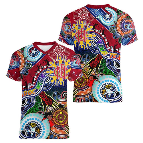 Custom NAIDOC Week 2024 Melbourne Demons Women V-Neck T-Shirt Australia Aboriginal Dot Painting