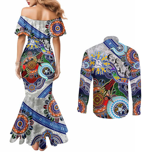 Custom NAIDOC Week 2024 North Melbourne Kangaroos Couples Matching Mermaid Dress and Long Sleeve Button Shirt Australia Aboriginal Dot Painting