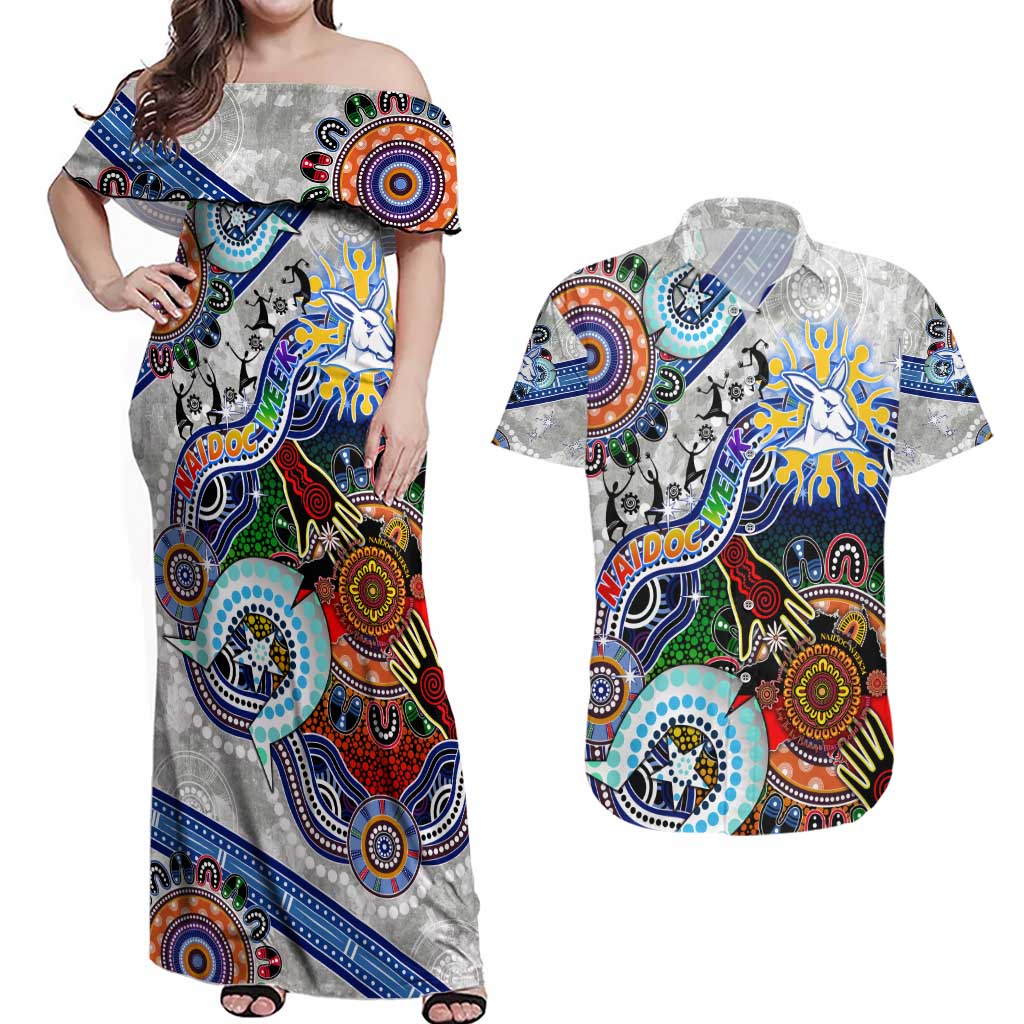 Custom NAIDOC Week 2024 North Melbourne Kangaroos Couples Matching Off Shoulder Maxi Dress and Hawaiian Shirt Australia Aboriginal Dot Painting