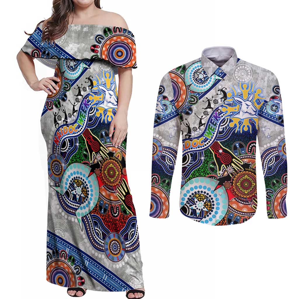 Custom NAIDOC Week 2024 North Melbourne Kangaroos Couples Matching Off Shoulder Maxi Dress and Long Sleeve Button Shirt Australia Aboriginal Dot Painting