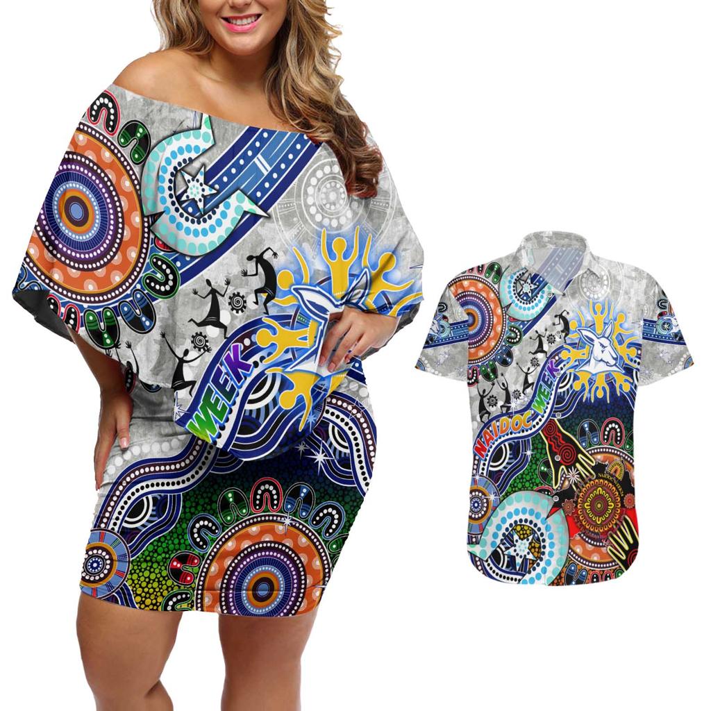 Custom NAIDOC Week 2024 North Melbourne Kangaroos Couples Matching Off Shoulder Short Dress and Hawaiian Shirt Australia Aboriginal Dot Painting
