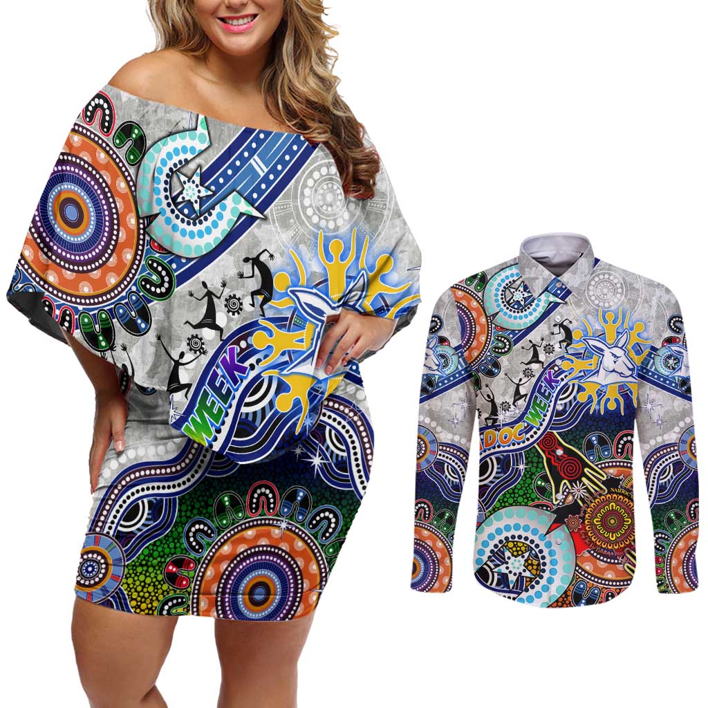 Custom NAIDOC Week 2024 North Melbourne Kangaroos Couples Matching Off Shoulder Short Dress and Long Sleeve Button Shirt Australia Aboriginal Dot Painting