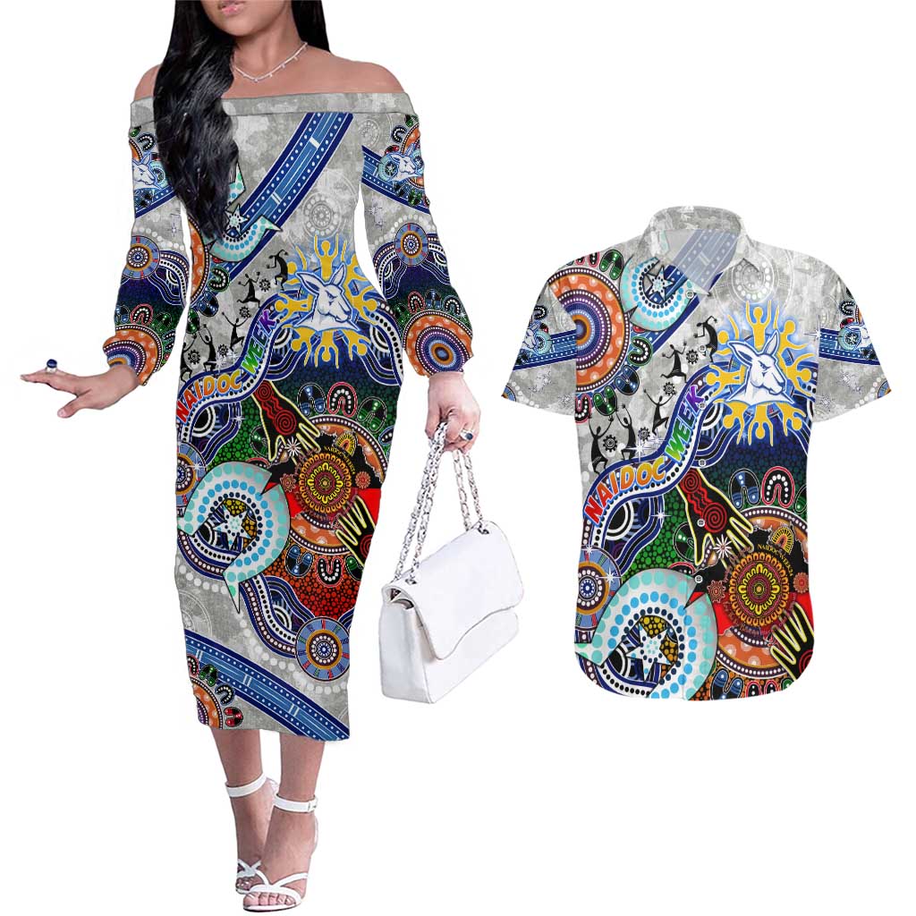 Custom NAIDOC Week 2024 North Melbourne Kangaroos Couples Matching Off The Shoulder Long Sleeve Dress and Hawaiian Shirt Australia Aboriginal Dot Painting