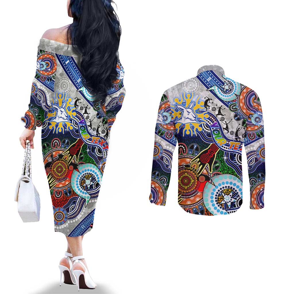 Custom NAIDOC Week 2024 North Melbourne Kangaroos Couples Matching Off The Shoulder Long Sleeve Dress and Long Sleeve Button Shirt Australia Aboriginal Dot Painting