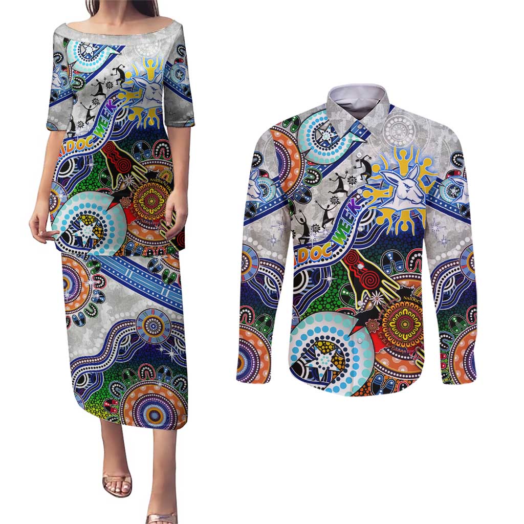 Custom NAIDOC Week 2024 North Melbourne Kangaroos Couples Matching Puletasi and Long Sleeve Button Shirt Australia Aboriginal Dot Painting