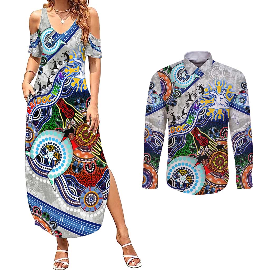 Custom NAIDOC Week 2024 North Melbourne Kangaroos Couples Matching Summer Maxi Dress and Long Sleeve Button Shirt Australia Aboriginal Dot Painting