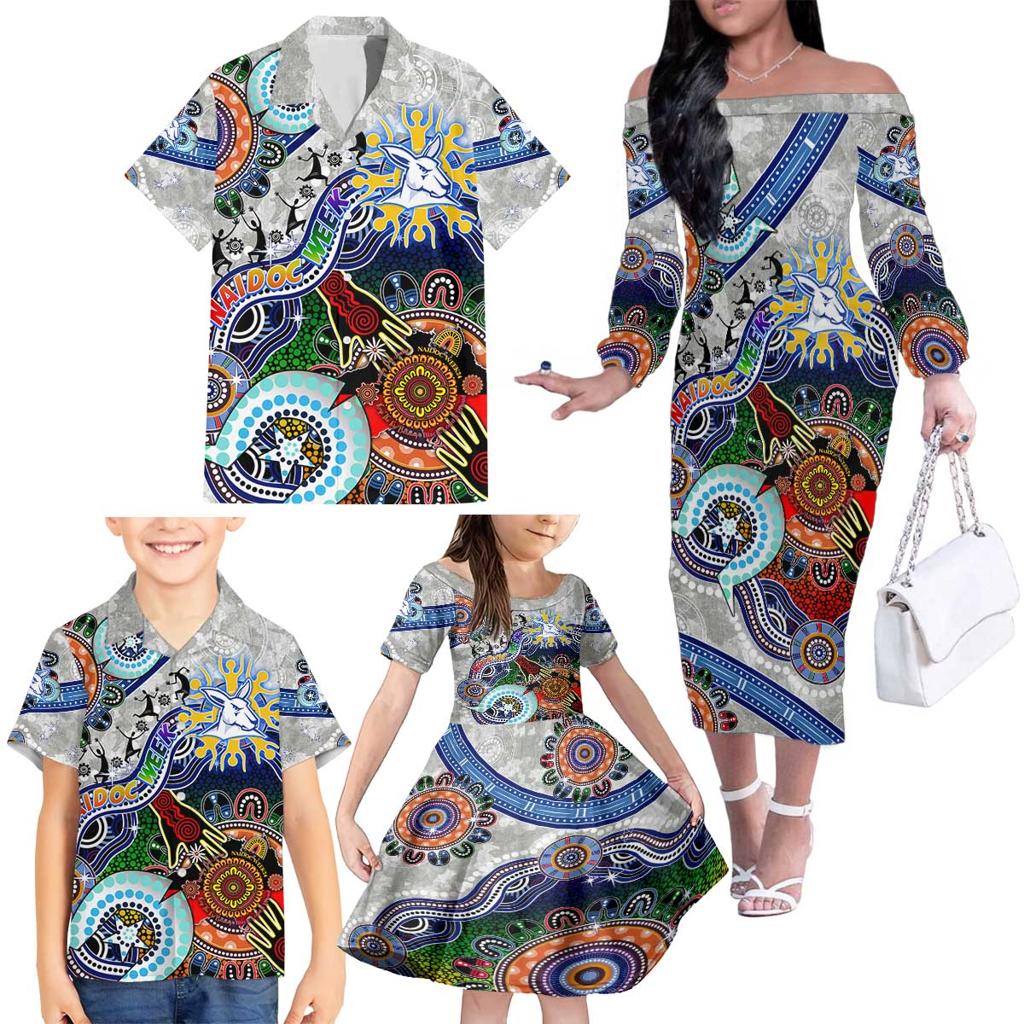 Custom NAIDOC Week 2024 North Melbourne Kangaroos Family Matching Off The Shoulder Long Sleeve Dress and Hawaiian Shirt Australia Aboriginal Dot Painting