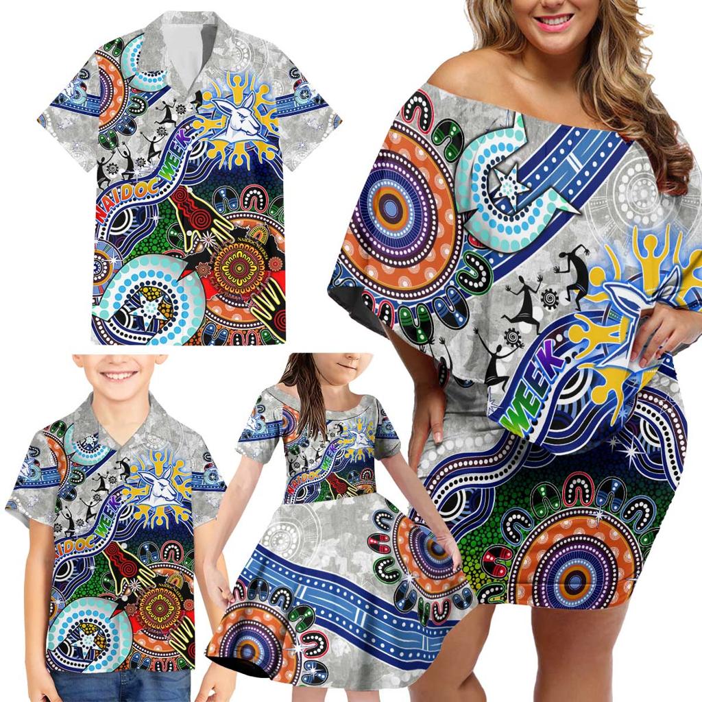 Custom NAIDOC Week 2024 North Melbourne Kangaroos Family Matching Off Shoulder Short Dress and Hawaiian Shirt Australia Aboriginal Dot Painting