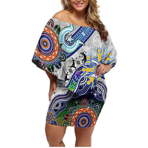 Custom NAIDOC Week 2024 North Melbourne Kangaroos Family Matching Off Shoulder Short Dress and Hawaiian Shirt Australia Aboriginal Dot Painting