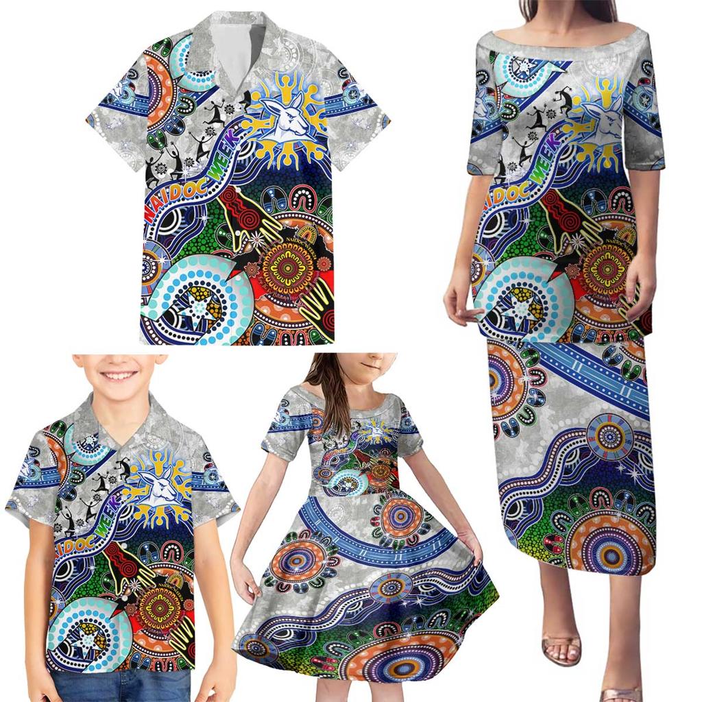 Custom NAIDOC Week 2024 North Melbourne Kangaroos Family Matching Puletasi and Hawaiian Shirt Australia Aboriginal Dot Painting