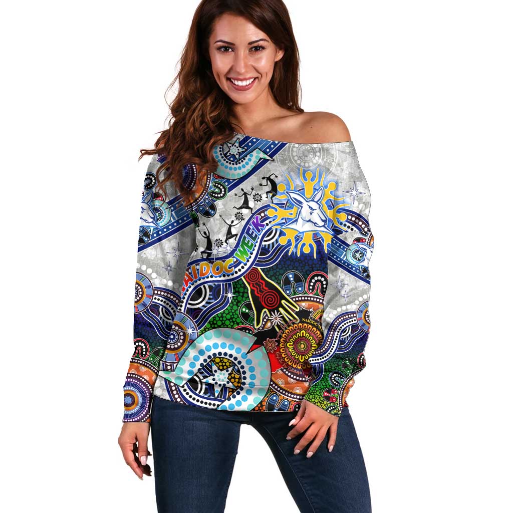 Custom NAIDOC Week 2024 North Melbourne Kangaroos Off Shoulder Sweater Australia Aboriginal Dot Painting
