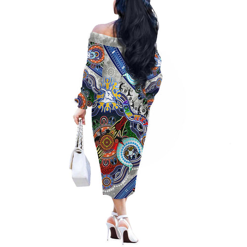 Custom NAIDOC Week 2024 North Melbourne Kangaroos Off The Shoulder Long Sleeve Dress Australia Aboriginal Dot Painting