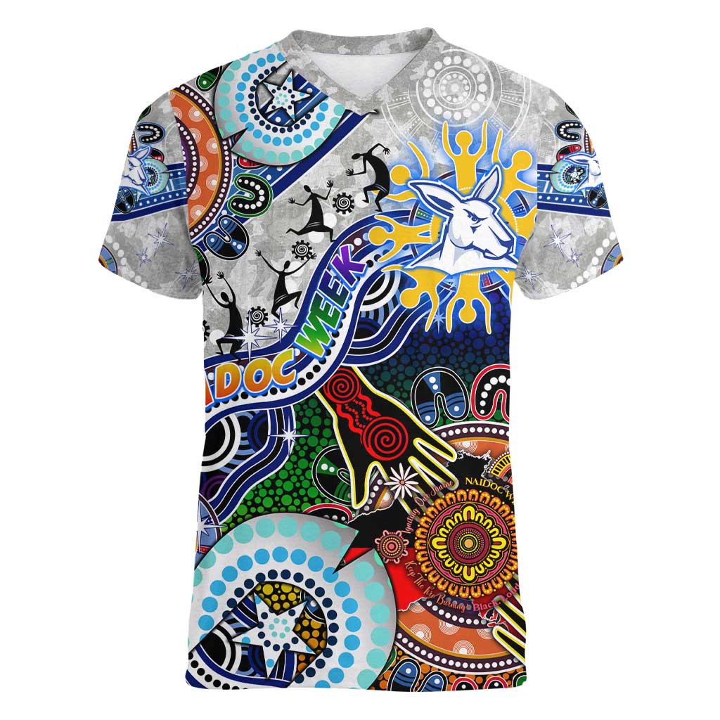 Custom NAIDOC Week 2024 North Melbourne Kangaroos Women V-Neck T-Shirt Australia Aboriginal Dot Painting