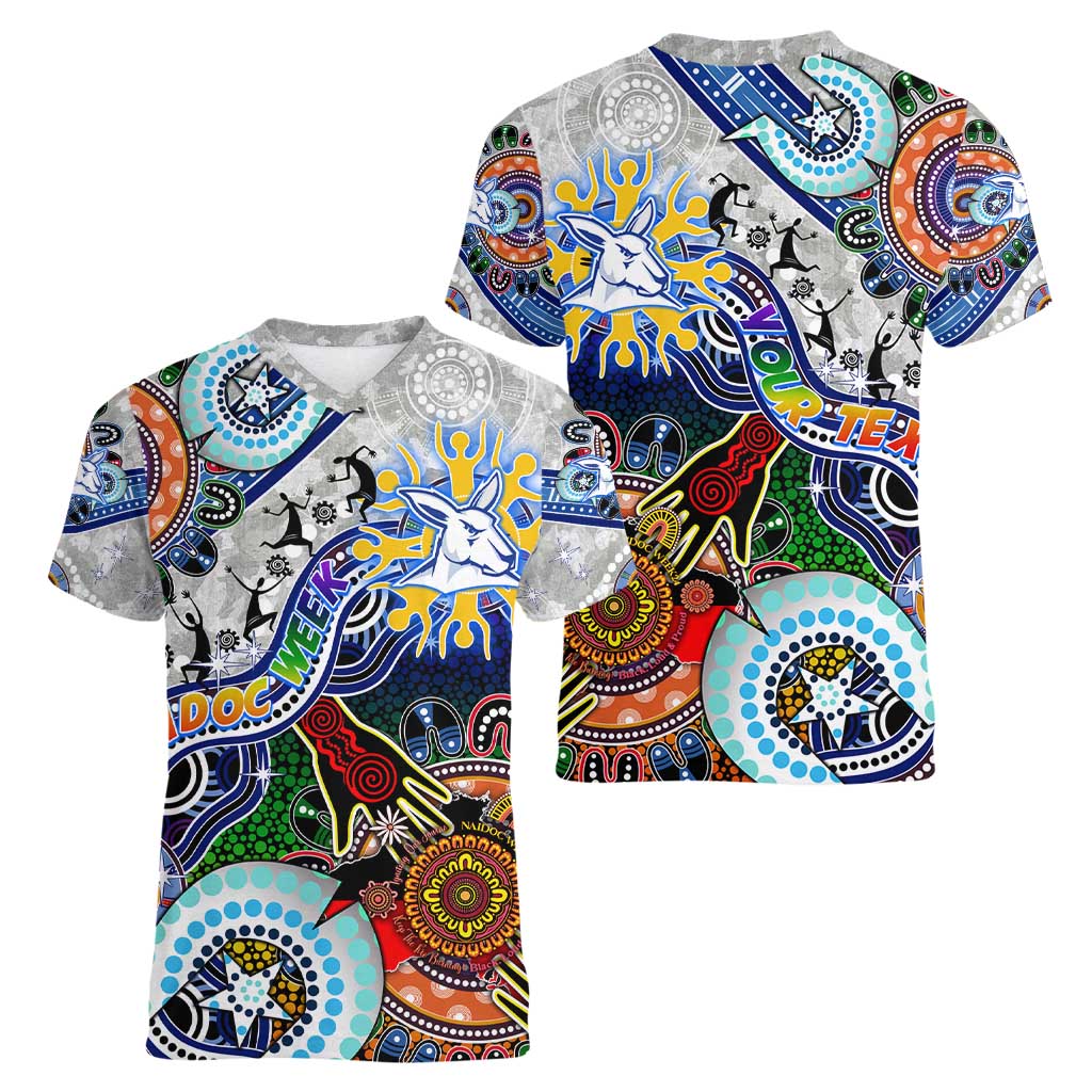 Custom NAIDOC Week 2024 North Melbourne Kangaroos Women V-Neck T-Shirt Australia Aboriginal Dot Painting