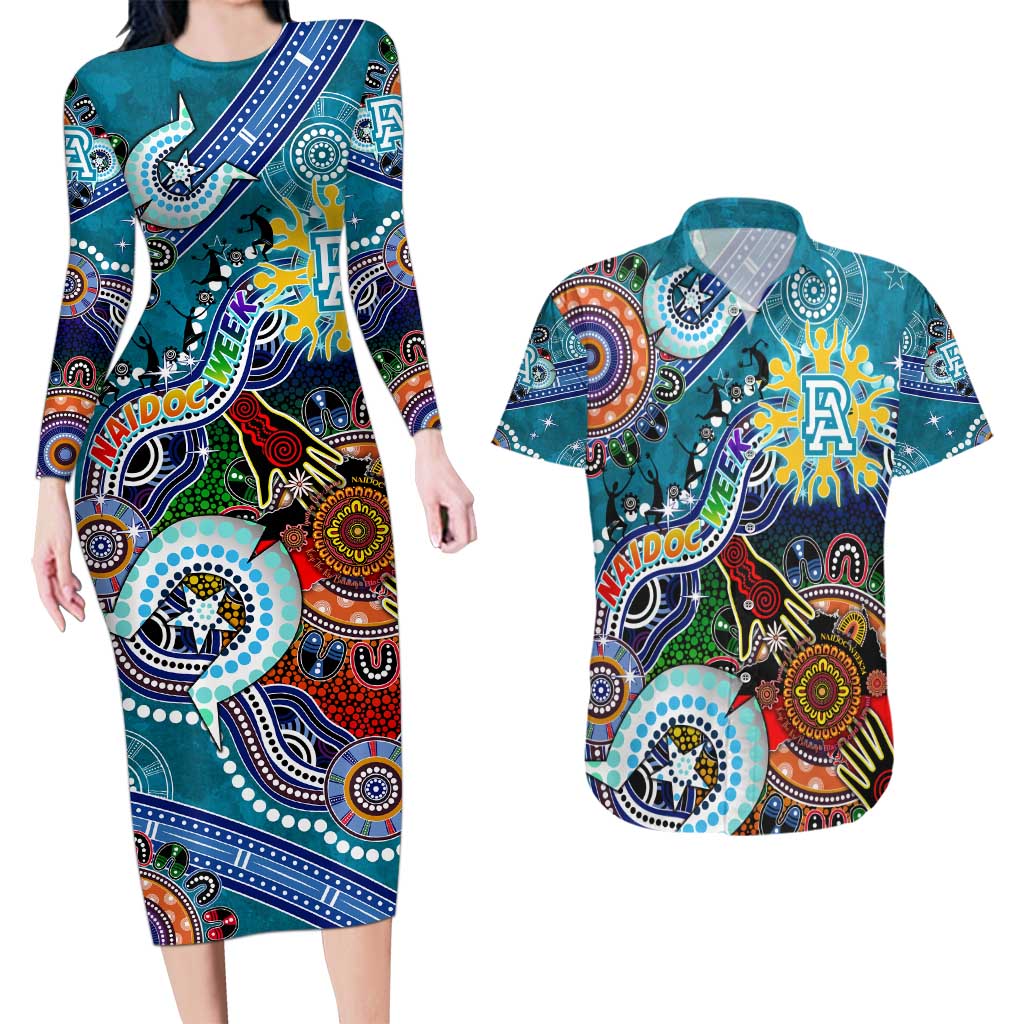 Custom NAIDOC Week 2024 Port Adelaide Power Couples Matching Long Sleeve Bodycon Dress and Hawaiian Shirt Australia Aboriginal Dot Painting